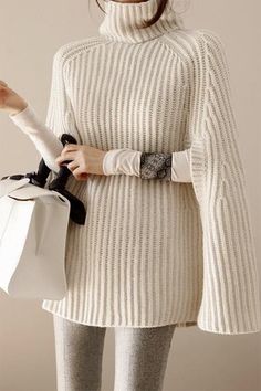 Details: Material: Acrylic Style: Casual, Street Pattern Type: Solid Element: Split Joint Neckline: Turtleneck Sleeve Length: Three Quarter Fit Type: Loose Clothing Length: Long Closed Type: Pullover Type: Solid Color Size(in) Length Bust S 26.4 22.4 M 26.8 23.2 L 27.2 24 XL 27.6 24.8 Tips: Due to the many variations in monitors, the color in the image could look slightly different, please take physical design and color shall prevail. Please allow 0.4"-1" differs due to manual measurement. Casual Cape, Poncho Pullover, Cape Sweater, Cape Style, Womens Turtleneck, Loose Outfit, Fashion Weeks, Knitted Poncho, Turtle Neck Top