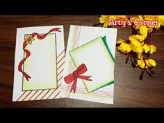 two cards with bows and ribbons on them next to some yellow flowers in the background