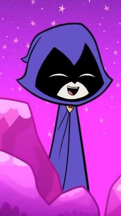 a cartoon character wearing a blue cape with stars in the sky behind her, and smiling