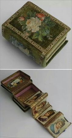 an old book is open and closed with pictures on it