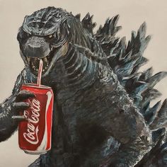 a drawing of a godzilla holding a can of coca - cola