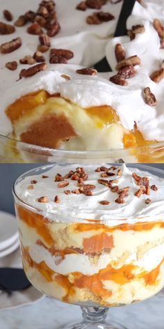 two different desserts in glass dishes with pecans on top