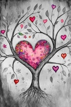 a heart shaped tree with lots of hearts on it's branches and leaves in the center