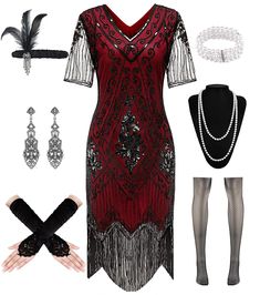 PRICES MAY VARY. Package Included-1 x sequin flapper dress, 1 x long satin gloves,1 xfeather headband, 1 x pearl necklace, 1 x earrings, 1 x pearl bracelet, 1 x fishnet stockings. Vintage Elegant Charm-The flapper dresses 1920s made of polyester fabric and soft fringe, delicate bead and sparkling sequins design, semi-sheer lace cuffs with intricate lace detailing, adding a touch of feminine allure to 20s outfit. This dress is the epitome of elegance and sophistication for your wardrobe. Fashion Yokai Oc, Roaring 20s Accessories, Flapper Dresses 1920s, 20s Accessories, 20s Outfit, 20s Costume, Fringe Accessories, Retro Headband, Fringed Dress