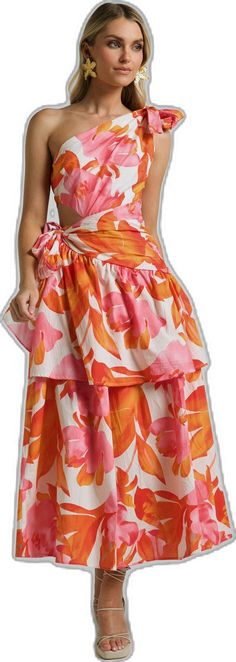 Orange One-shoulder Floral Print Dress, Orange One-shoulder Dress With Floral Print, Orange One Shoulder Dress With Floral Print, Orange Tropical Dress For Spring, Tropical Orange Dress For Day Out, Orange Ruffled Maxi Dress For Vacation, Tiered Dress With Tropical Print For Spring, Orange Tiered Skirt Dress For Spring, Orange Strapless Maxi Dress For Summer