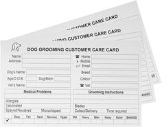 two customer care cards sitting next to each other on a white surface with the words dog grooming customer care card