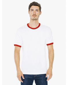 Unisex Fine Jersey Ringer T-Shirt - WHITE/ RED - M | American Apparel Fine Jersey Ringer T-Shirt in White/Red Size Medium | Cotton Mens Ringer Tee, Style Girlfriend, Usa Outfit, Ringer Tee, American Shirts, Online Shopping Clothes, American Apparel, Cotton Shorts, Jersey Shorts