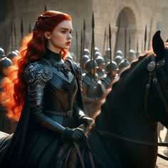 a woman with red hair sitting on top of a black horse in front of a line of soldiers