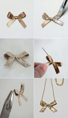 four pictures of different types of bows being used to make necklaces and pendants