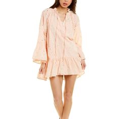 Embroidered Mini Dress In Pink With Embroidered Detailing, Ruffle Collar, Bell-Sleeves, And High-Low Hem Approximately 30-34in From Shoulder To Hem Model Is 5'11 And Is Wearing A Size Small. Measurements May Vary Slightly By Size. Tie-Neck Closure 65% Cotton, 35% Polyester Machine Wash Imported Feminine Spring Embroidered Dress, Spring Feminine Embroidered Dress, Spring V-neck Chikankari Embroidered Dress, Peach Dresses With Floral Embroidery, Chic Long Sleeve Embroidered Summer Dress, Feminine Long Sleeve Embroidered Dress For Spring, Spring Long Sleeve Pink Embroidered Dress, Long Sleeve Embroidered Beach Dress For Spring, Spring Pink Long Sleeve Embroidered Dress