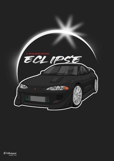 a black car with the words eclipse on it's side and a bright sun behind it