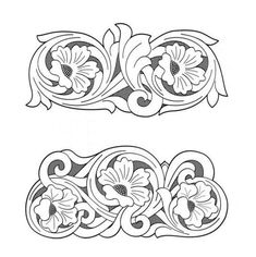 two decorative designs with flowers and swirls on the sides, one in black and white