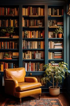 a leather chair sitting in front of a book shelf filled with books