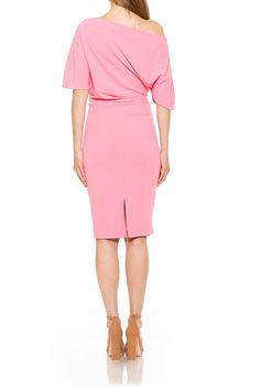 An elegant crepe sheath dress features an off-the-shoulder silhouette that coordinates with a variety of accessories for instantly chic style.Fit: this style fits true to size. Off-the-shoulder. 3/4 length sleeves. Concealed side zip closure. Vented back hem. Solid color. Crepe construction. Lined. Approx. 42" length (size S). Imported Spring Formal Ruched Off Shoulder Dress, Elegant Fitted Draped Off Shoulder Dress, Elegant Fitted Draped Off-shoulder Dress, Elegant Fitted Off Shoulder Dress With Draped Shape, Elegant Fitted Off Shoulder Dress With Draped Design, Elegant Draped Off Shoulder Dress For Spring, Draped Off Shoulder Dress For Spring Evening, Elegant One-shoulder Cocktail Dress With Side Zipper, Elegant One Shoulder Cocktail Dress With Side Zipper