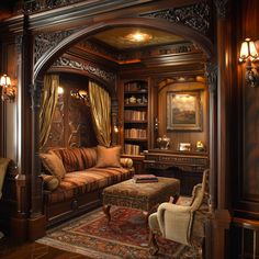 a living room filled with lots of furniture and bookshelves on top of it