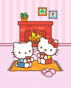 two hello kitty sitting in front of a fire place