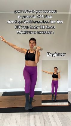 a woman in purple pants and black top doing yoga