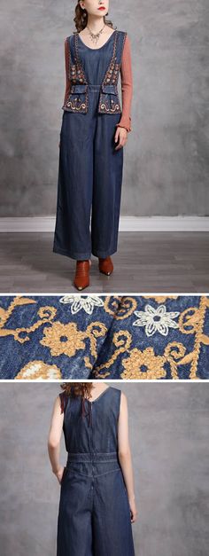 jumpsuit | ifaun.com Embroidered Denim, Denim Jumpsuit, Wide Leg Jumpsuit, Embroidery Pattern, Season Spring, Embroidery Patterns, Fashion Women, Harem Pants