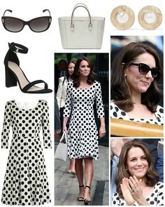 a woman in black and white polka dot dress with sunglasses, handbag and purse