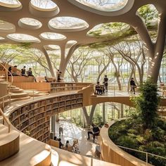 the inside of a library filled with lots of books and people sitting at tables in it