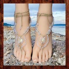 These handmade barefoot sandals are made from knotted natural hemp with rainbow opalite stone (manmade opal) and gold acrylic beads. The large center beads are made of faceted frosted glass. The toe strap and ankle ties are braided for extra durability. These sandals have 16-inch long ties that wrap around the ankle and can be adjusted to fit all adult sizes. These woven barefoot sandals are one-of-a kind and the photos are of the exact item for sale.  They are designed to be adjustable to fit m Handmade Bohemian Barefoot Sandals For Beach Wedding, Adjustable Beaded Barefoot Sandals For Beach Wedding, Bohemian Barefoot Sandals For Beach Wedding, Bohemian Toe Ring Barefoot Sandals For Beach Wedding, Handmade Bohemian Sandals For Beach Wedding, Adjustable Bohemian Barefoot Sandals For Beach Wedding, Bohemian Handmade Sandals For Beach Wedding, Beaded Toe Ring Barefoot Sandals For Beach, Beaded Barefoot Sandals For Summer Beach Wedding