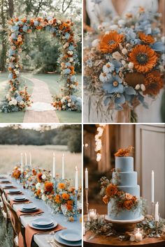 the wedding table is decorated with blue and orange flowers, greenery, candles, and cake