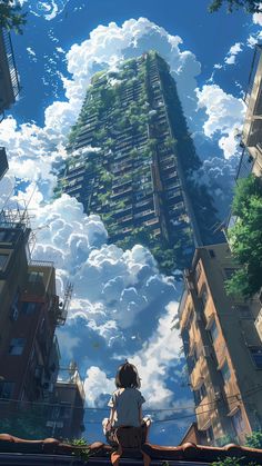 a person sitting on a ledge looking up at the sky and clouds in front of them