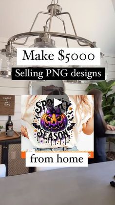 a woman standing in front of a kitchen counter with the words make $ 5000 selling png designs from home