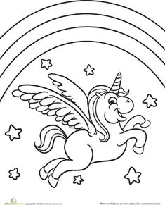 a unicorn flying over a rainbow with stars and clouds in the sky coloring pages for kids