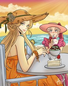 two pretty young ladies sitting at a table with food and drinks in front of the ocean