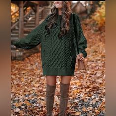 Nwt Fashionvilla Size Small Oversized Hunter Green Knotted Sweater. Beautifully Crafted And Looks Amazing With Or Without Layers Or Coat. Easily Accessorized. Sleeves Are Cuffed Sweater Mini Dress, Sweater Dress Casual, Cable Knit Sweater Dress, Sweater Season, Off Shoulder Fashion, Long Sleeve Sweater Dress, Mini Sweater Dress, Knit Long Sleeve, Fur Fashion