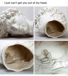 four pictures of a white sculpture with the words, i just can't get you out of my head