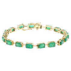 Natural emerald tennis bracelet in 14K Gold. It has a perfect baguette cut emerald to make you stand out on any occasion or an event. A tennis bracelet is an essential piece of jewelry when it comes to your wedding day. The sleek and elegant style complements the attire beautifully, whether it's the bride wearing it herself, or as a gift to her bridesmaids to wear on the D’day. A gold gemstone bracelet is the ultimate statement piece for every stylish woman. PRODUCT DETAILS :- Material - 14K Sol Luxury Elegant Emerald Tennis Bracelet, Emerald Gold Bracelet, Emerald Tennis Bracelet, Bracelet Tennis, Emerald Stone, Bride Wear, Baguette Cut, D Day, Diamond Bracelets