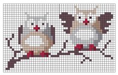 a cross stitch pattern with two owls sitting on a branch