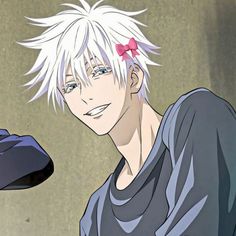 an anime character with white hair and a bow on his head looking at the camera