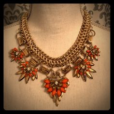 Excellent Condition. Never Worn. Stunning Orange And Gold Statement Necklace. Bold Orange Party Jewelry, Statement Gold Necklace, Orange And Gold, Gold Statement Necklace, Gold Orange, Orange Gold, Womens Jewelry Necklace, Statement Necklace, Gold Necklace