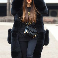 Fashion Fur Patchwork Jacket Black Long Sleeve Fur Coat With Pockets, Winter Workwear Hooded Jacket With Pockets, Long Fur Coat With Pockets For Work, Black Fur Coat With Pockets For Fall, Winter Workwear Parka With Long Sleeves, Purple Fur Coat, Blue Fur Coat, Patchwork Coat, Long Overcoat