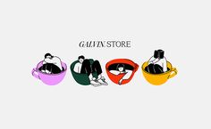 three people sitting in different colored cups with the words glivin store on them