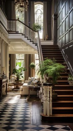 an elegant foyer with black and white checkered flooring, chandelier and stairs