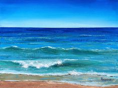 an oil painting of the ocean with waves coming in from the shore and blue sky