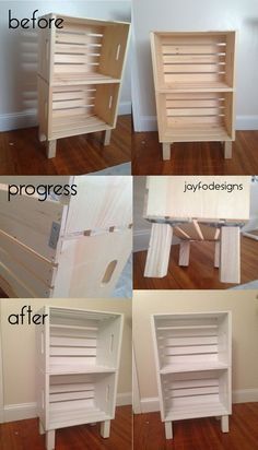 the steps to make a diy bookcase out of wood pallets are shown