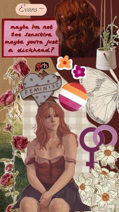 a collage with flowers, butterflies, and other things in the background that include an image of a woman's face