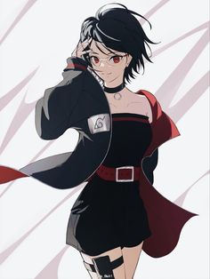 an anime character with black hair and red eyes