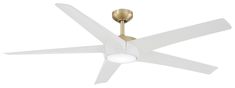 a ceiling fan with two white blades and a light on the top one is gold