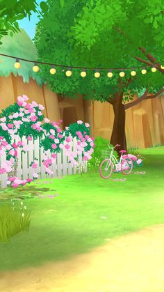 a pink bicycle parked next to a white picket fence in a green yard with flowers and trees