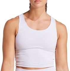 Move through your flow with confidence in this bra tank top. Designed for yoga, barre and gym workouts, this top keeps you covered and comfortable no matter how far you bend or stretch. You'll feel dry thanks to adidas AEROREADY, so you can focus on your practice. Fit & Design: Tight fit Curved neckline AEROREADY LYCRA® ADAPTIV adaptive stretch fiber Removable padding Flat and bonded seams Long Line Bra, Curved Neckline, Bra Tank Top, Womens Athletic Outfits, Yoga Barre, Bra Tank, Longline Bra, Tank Top Bras, Athletic Apparel