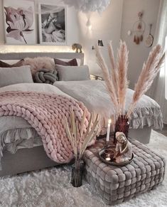 a large bed sitting on top of a white rug