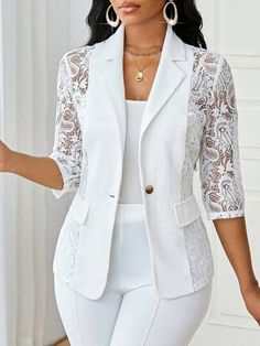 Vestiti In Jeans, Patchwork Blazer, Summer Work Wear, Lace Coat, Ladies Blazer, Plus Size Coats, Lace Splicing, Summer White, Lace Patchwork