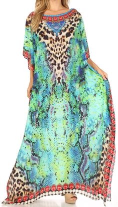 One Size: Bust 54"( 137 cm), Length 54"( 137 cm). US 4-24W, EU 34-54, UK 8-28. Shell: Colorful digital print on polyester material. Care: Wash cold delicate, iron from reverse. Dry Clean recommended. This lovely kaftan dress features a boat-neck and generous sleeve openings. Also, nicely placed rhinestones around the neckline. This garment is perfect for all body shapes, made with lightweight soft opaque crepe fabric and colorful print. This dress is perfect to wear at weddings, dinner, events a Multicolor Print Kaftan For Beach Cover-up, Patterned Printed Maxi Dress For Vacation, Patterned Maxi Dress For Beach Season, Beach Season Patterned Printed Maxi Dress, Patterned Long Maxi Dress For The Beach, Patterned Long Maxi Dress For Vacation, Patterned Maxi Dress For The Beach, Flowy Long Printed Beach Dress, Green Floor-length Maxi Dress For Beach