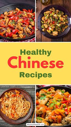 healthy chinese dishes are shown in this collage